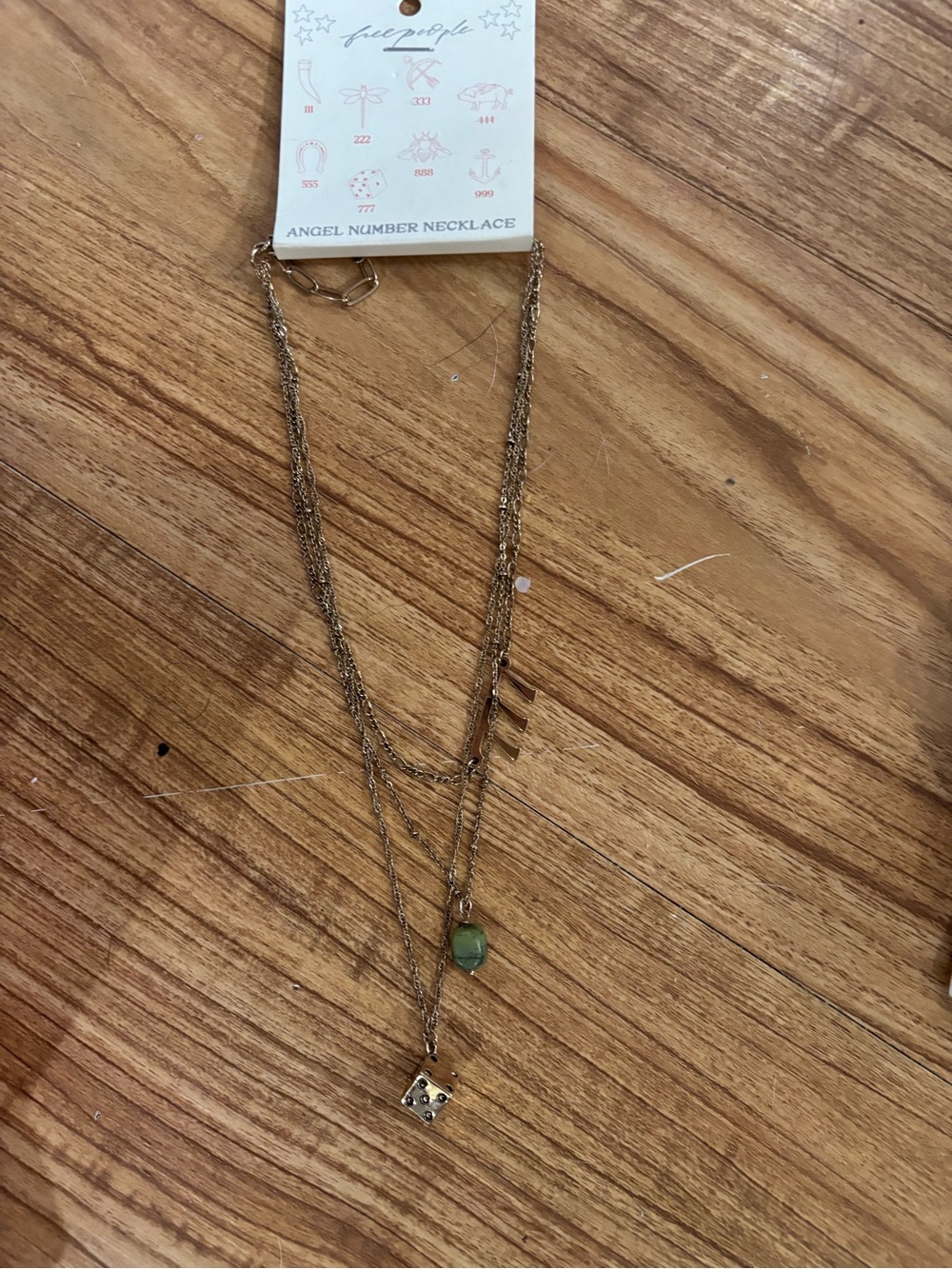 Free People Gold Layered Necklace with Green Stone and Square Charm